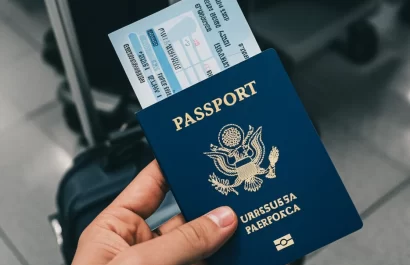 pasajero con su pasaporte y tiquetes de vuelo yo viajo con parkway agencia de viajes