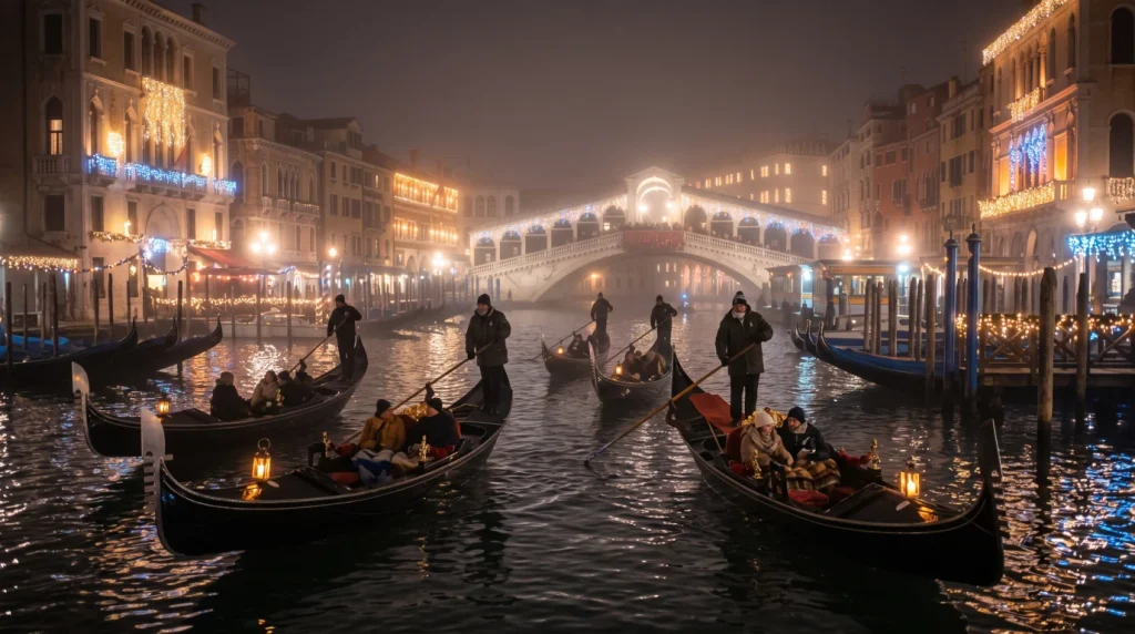 Góndolas en Venecia rodeadas de neblina invernal y luces de fiesta viaja en Navidad, Año Nuevo y Reyes en Europa 2026
