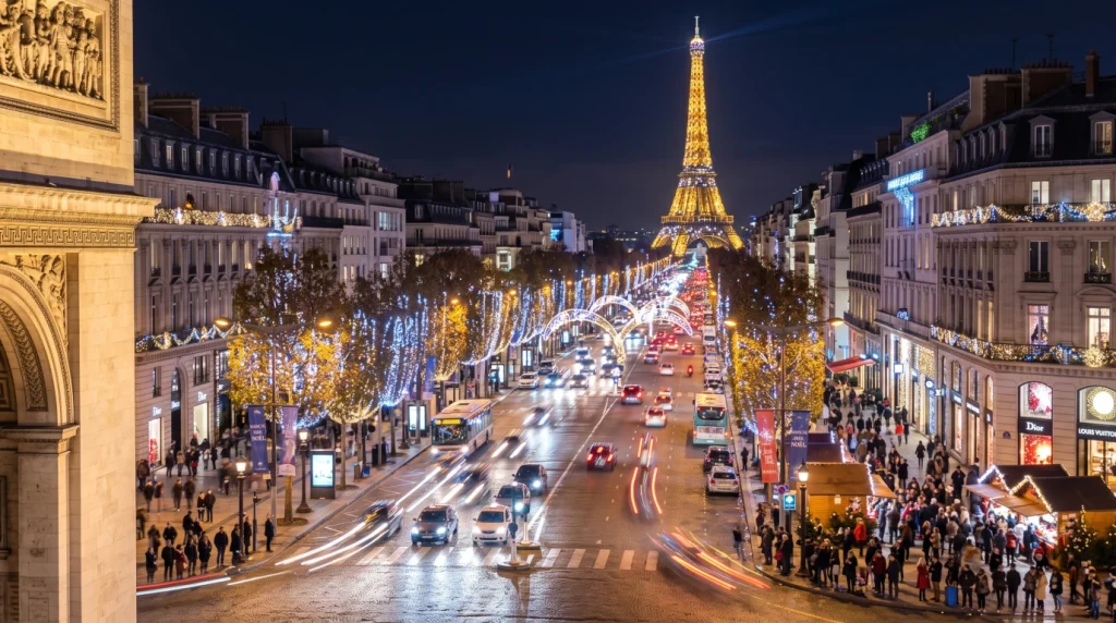 Luces navideñas en los Campos Elíseos de París con la Torre Eiffel de fondo viaja en Navidad, Año Nuevo y Reyes en Europa 2026