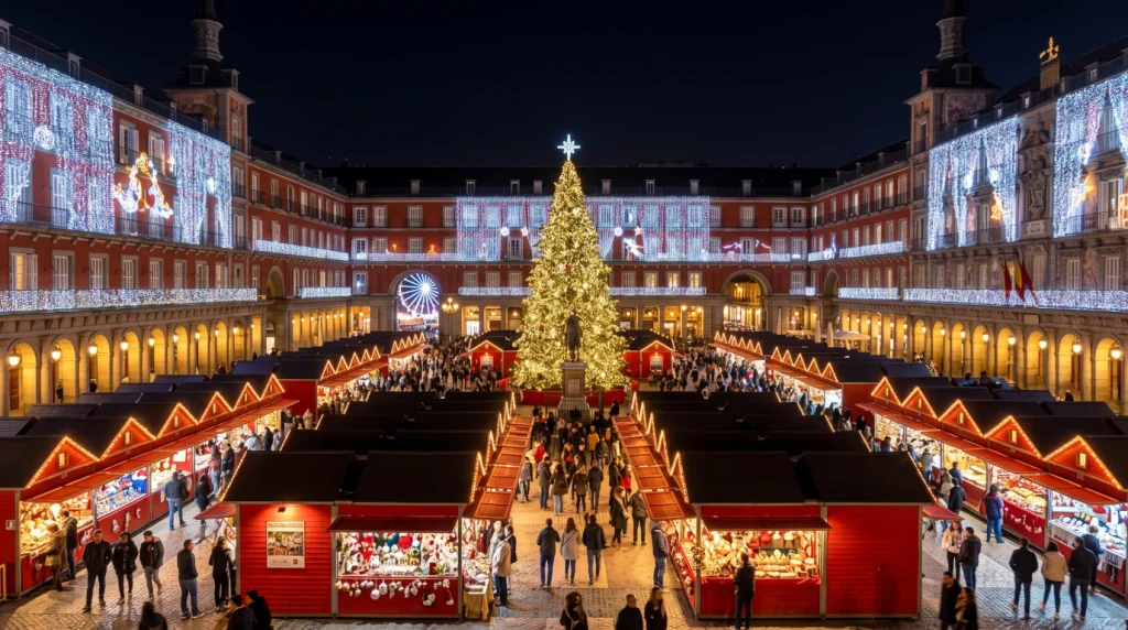 Mercado de Navidad en la Plaza Mayor de Madrid illuminada viaja en Navidad, Año Nuevo y Reyes en Europa 2026